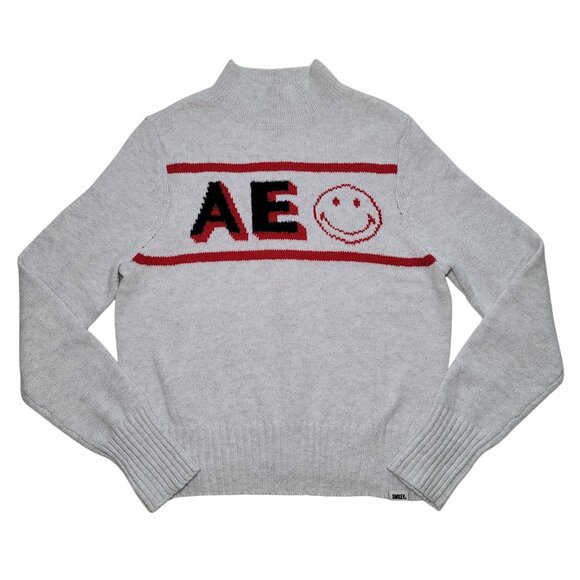American Eagle Outfitters Sweater NWOT Smiley Graphic Mock Neck Light Gray Sz M - Picture 11 of 11